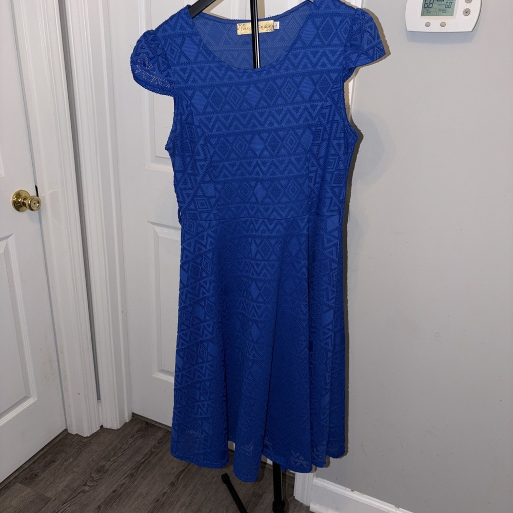 Jessica‎ Taylor Royal Blue Geometric Crochet Lace Fit and Flare Dress L No Belt